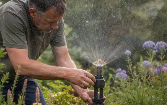 Person richtet einen laufenden Gartensprenger zwischen Stauden präzise aus; Thema Rollrasen, Schwerpunkt Einsteigerwissen; Praxisalltag.