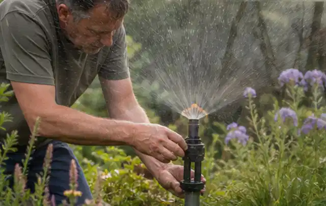 Person richtet einen laufenden Gartensprenger zwischen Stauden präzise aus; Thema Rollrasen, Schwerpunkt Fehlerhilfe; Ergebnis.