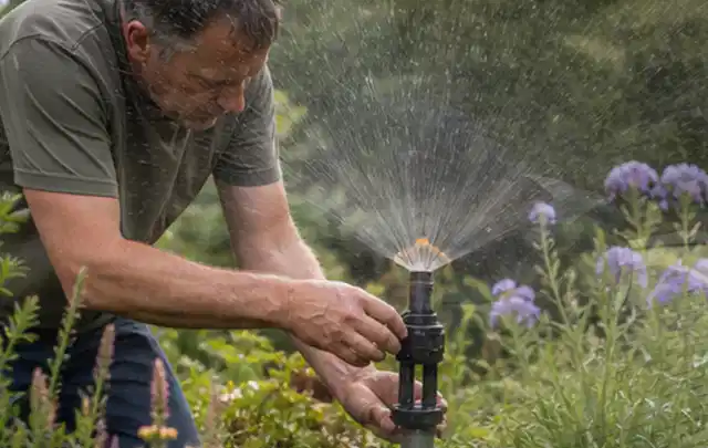 Person richtet einen laufenden Gartensprenger zwischen Stauden präzise aus; Thema Rollrasen, Schwerpunkt Frühjahr; Umsetzung.