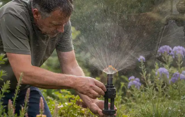 Person richtet einen laufenden Gartensprenger zwischen Stauden präzise aus; Thema Rollrasen, Schwerpunkt Hitzeschutz; Umsetzung.