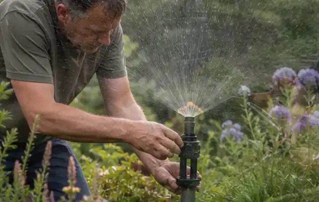 Person richtet einen laufenden Gartensprenger zwischen Stauden präzise aus; Thema Rollrasen, Schwerpunkt Kosten; Ausgangslage.