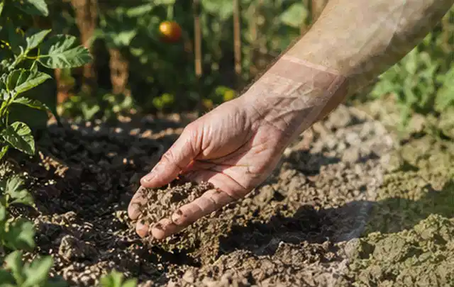 Hand prüft trockene krümelige Gartenerde während einer warmen Sommerphase; Thema Rollrasen, Schwerpunkt Kosten; Umsetzung.
