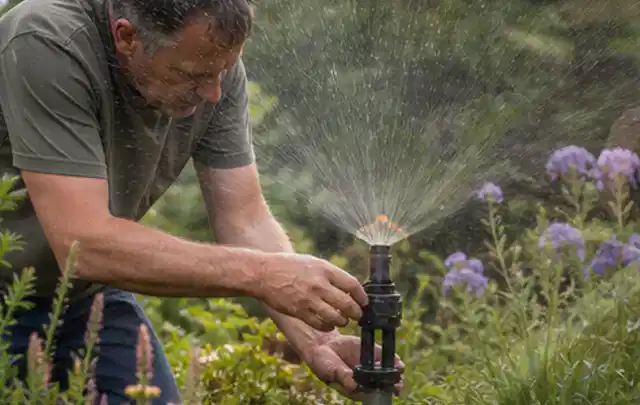 Person richtet einen laufenden Gartensprenger zwischen Stauden präzise aus; Thema Rollrasen, Schwerpunkt Nachsaat; Praxisalltag.