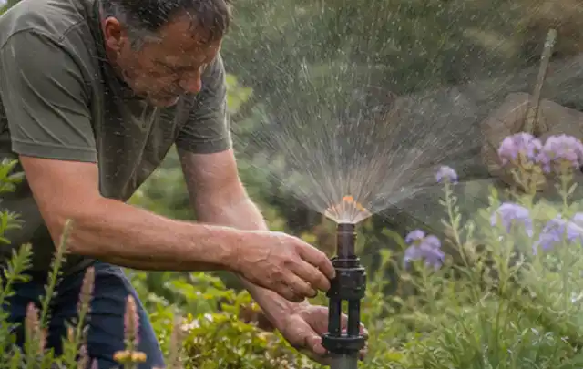Person richtet einen laufenden Gartensprenger zwischen Stauden präzise aus; Thema Rollrasen, Schwerpunkt Neuanlage; Ausgangslage.