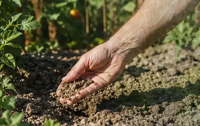 Hand prüft trockene krümelige Gartenerde während einer warmen Sommerphase; Thema Rollrasen, Schwerpunkt Rasengesundheit; Praxisalltag.