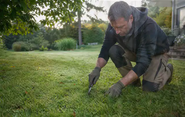 Person prüft den Boden einer gepflegten Rasenfläche im Garten; Thema Rollrasen, Schwerpunkt Rasenpflege; Umsetzung.