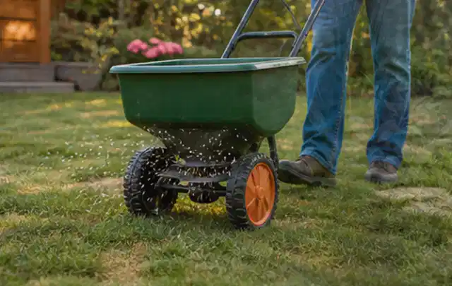 Person verteilt Rasensamen mit einem Streuwagen auf einer lückigen Fläche; Thema Rollrasen, Schwerpunkt Rasenpflege; Kontrolle.
