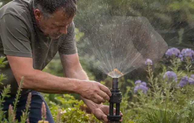 Person richtet einen laufenden Gartensprenger zwischen Stauden präzise aus; Thema Rollrasen, Schwerpunkt Rasenpflege; Praxisalltag.