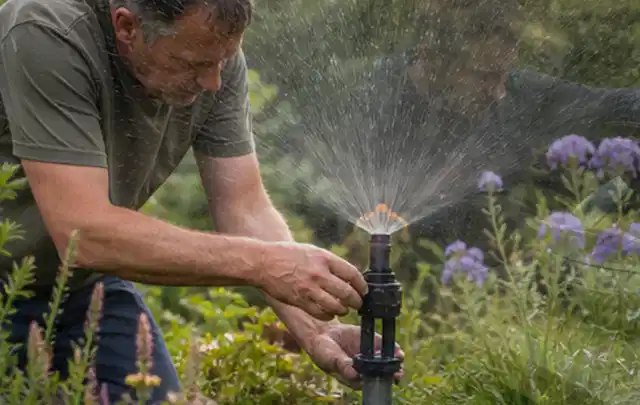 Person richtet einen laufenden Gartensprenger zwischen Stauden präzise aus; Thema Rollrasen, Schwerpunkt Sommerpflege; Umsetzung.