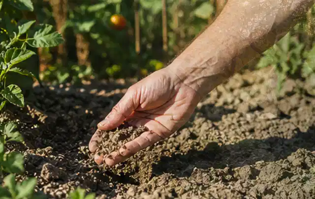 Hand prüft trockene krümelige Gartenerde während einer warmen Sommerphase; Thema Rollrasen, Schwerpunkt Sommerpflege; Kontrolle.