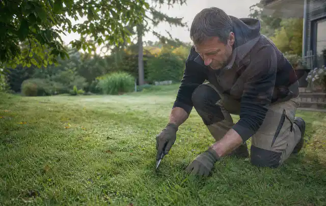 Person prüft den Boden einer gepflegten Rasenfläche im Garten; Thema Rollrasen, Schwerpunkt Sommerpflege; Praxisalltag.
