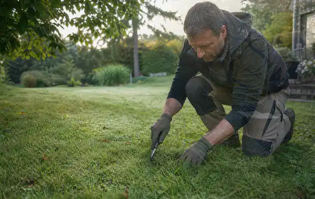 Person prüft den Boden einer gepflegten Rasenfläche im Garten; Thema Rollrasen, Schwerpunkt Vertikutieren; Ausgangslage.