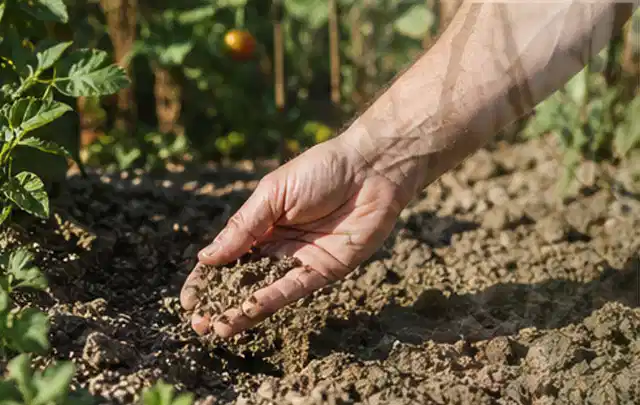 Hand prüft trockene krümelige Gartenerde während einer warmen Sommerphase; Thema Rollrasen, Schwerpunkt Vertikutieren; Umsetzung.