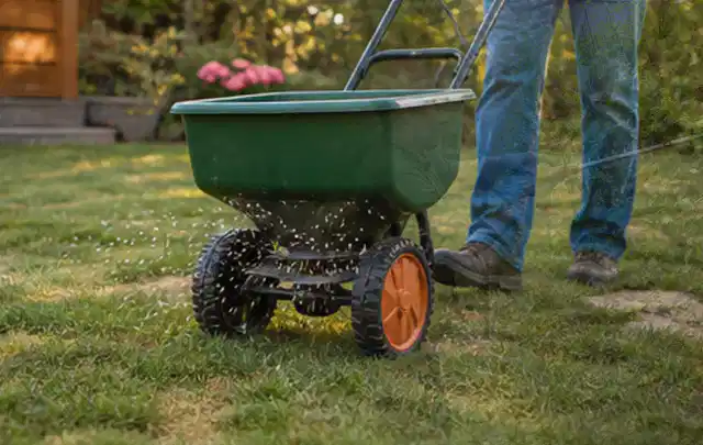 Person verteilt Rasensamen mit einem Streuwagen auf einer lückigen Fläche; Thema Rollrasen, Schwerpunkt Vertikutieren; Praxisalltag.
