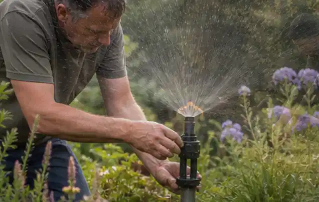Person richtet einen laufenden Gartensprenger zwischen Stauden präzise aus; Thema Rollrasen, Schwerpunkt Winterpflege; Ergebnis.