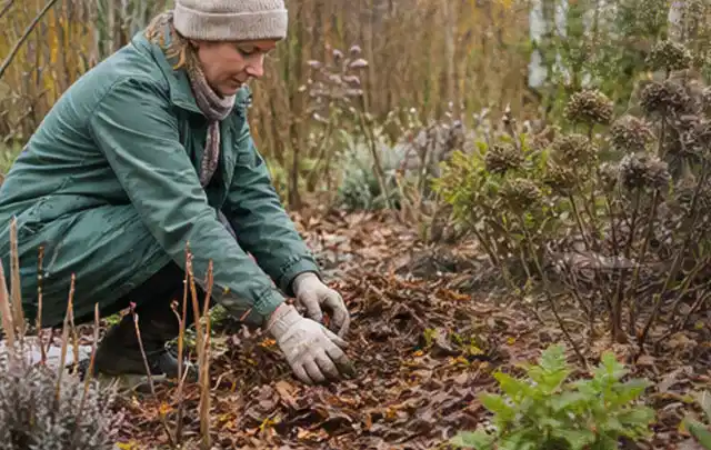 Person verteilt eine schützende Mulchschicht zwischen winterlichen Stauden; Thema Rosen, Schwerpunkt Bewässerung; Ergebnis.