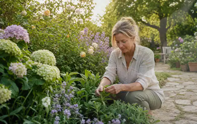 Person pflegt üppige Pflanzen in einem natürlich beleuchteten Garten; Thema Rosen, Schwerpunkt Bewässerung; Praxisalltag.