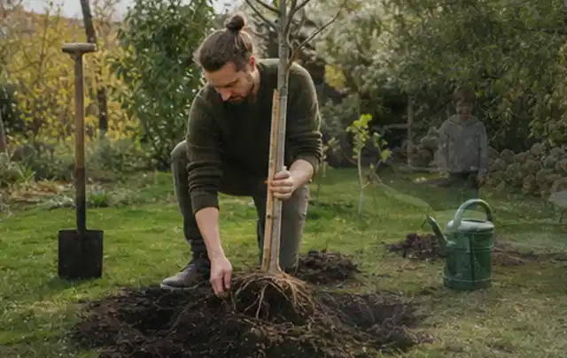 Person setzt einen jungen Zierbaum in ein vorbereitetes Pflanzloch im Garten; Thema Rosen, Schwerpunkt Blumen; Ausgangslage.