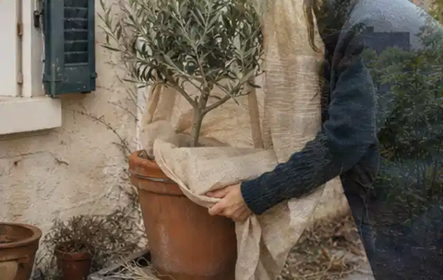 Person umhüllt eine mediterrane Kübelpflanze mit atmungsaktivem Winterschutz; Thema Rosen, Schwerpunkt Blumen; Kontrolle.