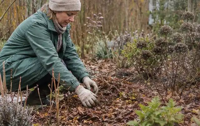 Person verteilt eine schützende Mulchschicht zwischen winterlichen Stauden; Thema Rosen, Schwerpunkt Blumen; Ergebnis.