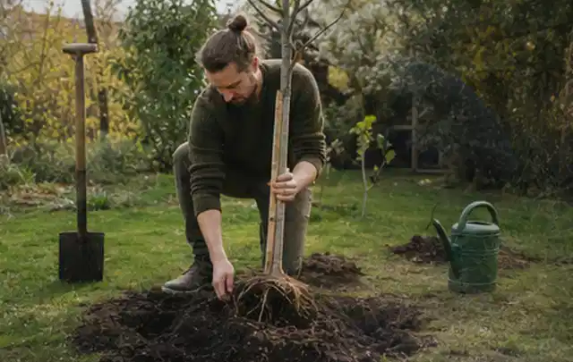 Person setzt einen jungen Zierbaum in ein vorbereitetes Pflanzloch im Garten; Thema Rosen, Schwerpunkt Düngung; Ergebnis.