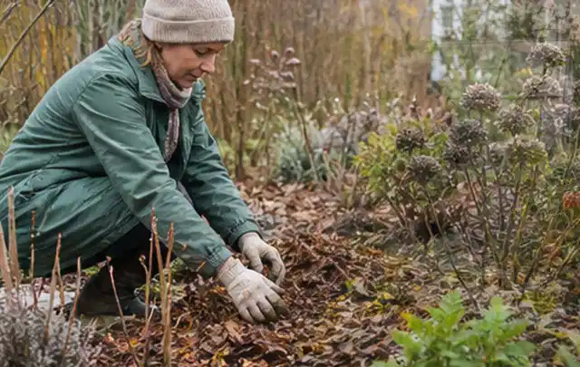 Person verteilt eine schützende Mulchschicht zwischen winterlichen Stauden; Thema Rosen, Schwerpunkt Düngung; Praxisalltag.