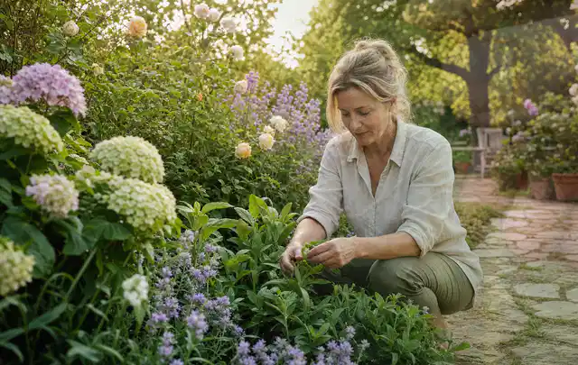 Person pflegt üppige Pflanzen in einem natürlich beleuchteten Garten; Thema Rosen, Schwerpunkt Einsteigerwissen; Ausgangslage.