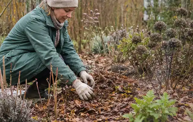 Person verteilt eine schützende Mulchschicht zwischen winterlichen Stauden; Thema Rosen, Schwerpunkt Einsteigerwissen; Umsetzung.