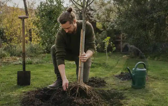 Person setzt einen jungen Zierbaum in ein vorbereitetes Pflanzloch im Garten; Thema Rosen, Schwerpunkt Einsteigerwissen; Praxisalltag.