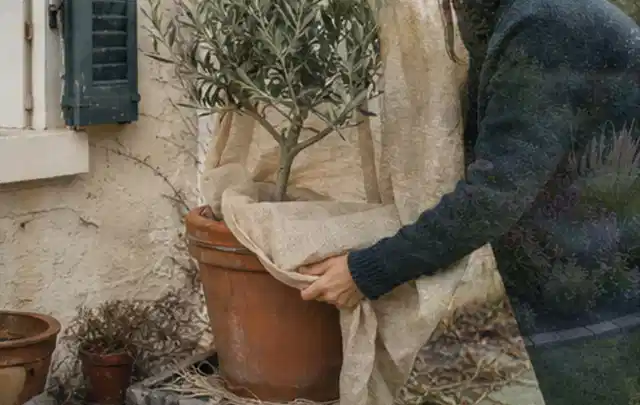 Person umhüllt eine mediterrane Kübelpflanze mit atmungsaktivem Winterschutz; Thema Rosen, Schwerpunkt Fehlerhilfe; Ausgangslage.