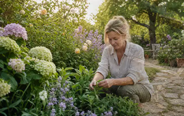Person pflegt üppige Pflanzen in einem natürlich beleuchteten Garten; Thema Rosen, Schwerpunkt Fehlerhilfe; Umsetzung.