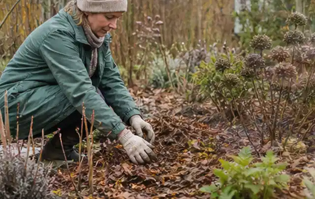 Person verteilt eine schützende Mulchschicht zwischen winterlichen Stauden; Thema Rosen, Schwerpunkt Fehlerhilfe; Ergebnis.