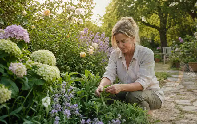 Person pflegt üppige Pflanzen in einem natürlich beleuchteten Garten; Thema Rosen, Schwerpunkt Gartenpraxis; Kontrolle.