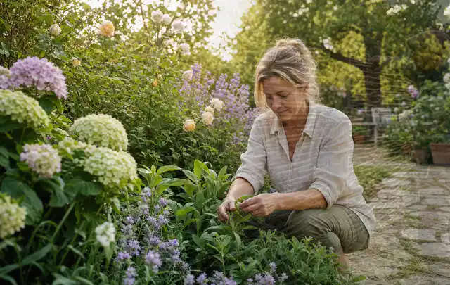 Person pflegt üppige Pflanzen in einem natürlich beleuchteten Garten; Thema Rosen, Schwerpunkt Jahrespflege; Ergebnis.