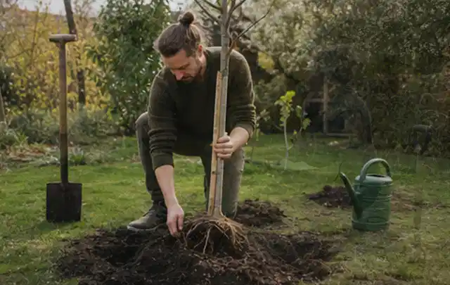 Person setzt einen jungen Zierbaum in ein vorbereitetes Pflanzloch im Garten; Thema Rosen, Schwerpunkt Kaufberatung; Kontrolle.