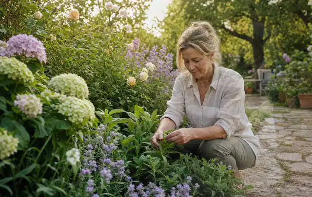 Person pflegt üppige Pflanzen in einem natürlich beleuchteten Garten; Thema Rosen, Schwerpunkt Kaufberatung; Ergebnis.