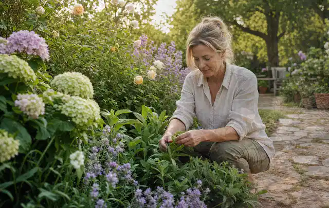 Person pflegt üppige Pflanzen in einem natürlich beleuchteten Garten; Thema Rosen, Schwerpunkt Pflanzengesundheit; Praxisalltag.