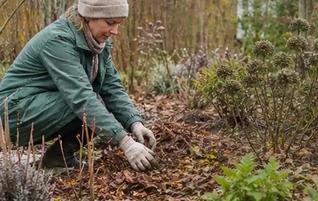 Person verteilt eine schützende Mulchschicht zwischen winterlichen Stauden; Thema Rosen, Schwerpunkt Pflanzenschutz; Umsetzung.