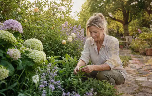 Person pflegt üppige Pflanzen in einem natürlich beleuchteten Garten; Thema Rosen, Schwerpunkt Pflanzenschutz; Kontrolle.