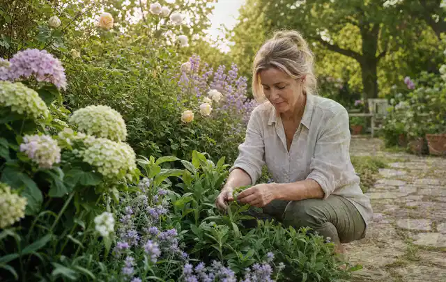 Person pflegt üppige Pflanzen in einem natürlich beleuchteten Garten; Thema Rosen, Schwerpunkt Pflanzpartner; Umsetzung.