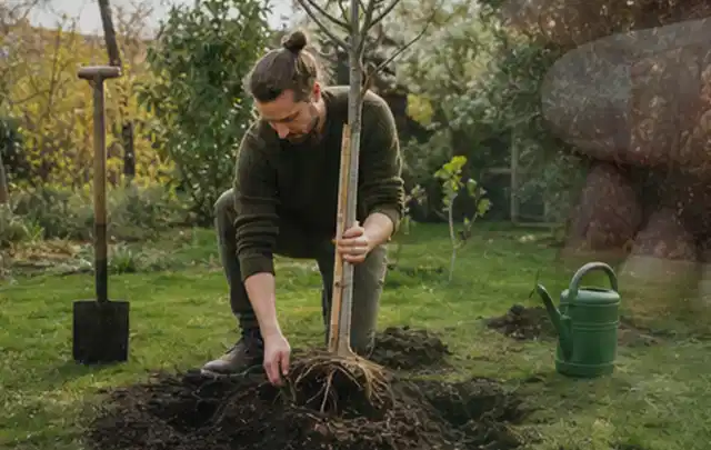 Person setzt einen jungen Zierbaum in ein vorbereitetes Pflanzloch im Garten; Thema Rosen, Schwerpunkt Pflanzpartner; Kontrolle.