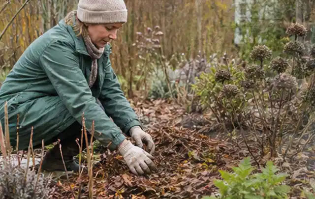 Person verteilt eine schützende Mulchschicht zwischen winterlichen Stauden; Thema Rosen, Schwerpunkt Pflanzpartner; Praxisalltag.