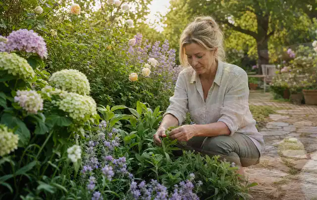 Person pflegt üppige Pflanzen in einem natürlich beleuchteten Garten; Thema Rosen, Schwerpunkt Problemlösung; Ausgangslage.