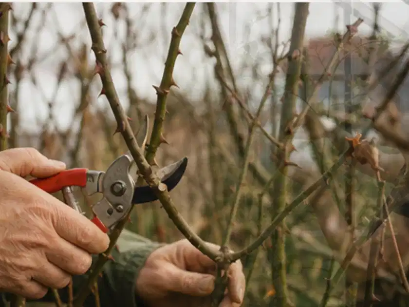 Hände schneiden einen älteren Rosenstrauch mit einer sauberen Gartenschere; Thema Rosen, Schwerpunkt Rückschnitt; Titelbild.