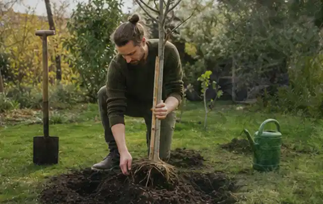 Person setzt einen jungen Zierbaum in ein vorbereitetes Pflanzloch im Garten; Thema Rosen, Schwerpunkt Rückschnitt; Kontrolle.
