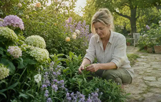 Person pflegt üppige Pflanzen in einem natürlich beleuchteten Garten; Thema Rosen, Schwerpunkt Rückschnitt; Ergebnis.