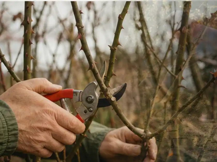 Hände schneiden einen älteren Rosenstrauch mit einer sauberen Gartenschere; Thema Rosen, Schwerpunkt Standort; Titelbild.