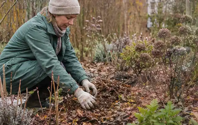 Person verteilt eine schützende Mulchschicht zwischen winterlichen Stauden; Thema Rosen, Schwerpunkt Standort; Ergebnis.