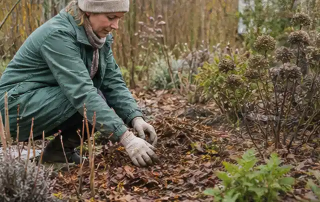 Person verteilt eine schützende Mulchschicht zwischen winterlichen Stauden; Thema Rosen, Schwerpunkt Topfkultur; Ergebnis.