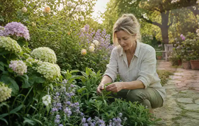 Person pflegt üppige Pflanzen in einem natürlich beleuchteten Garten; Thema Rosen, Schwerpunkt Vermehrung; Ergebnis.